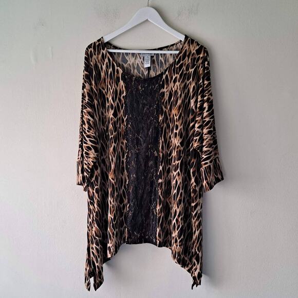 Catherines Brown & Black Animal Print Lace Trim Short Sleeve Top - Size 2X 22/24 - Picture 4 of 11